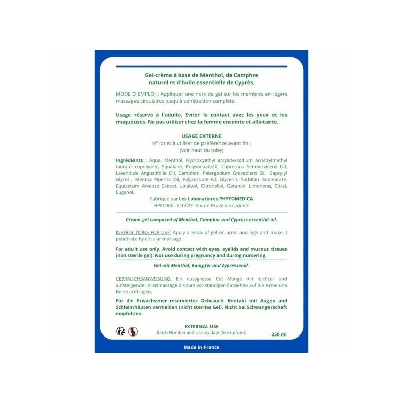 Gel-crème circulatoire tonique fitocia - 250 ml - Crème de massage drainante - Rééducation - Kinésithérapie