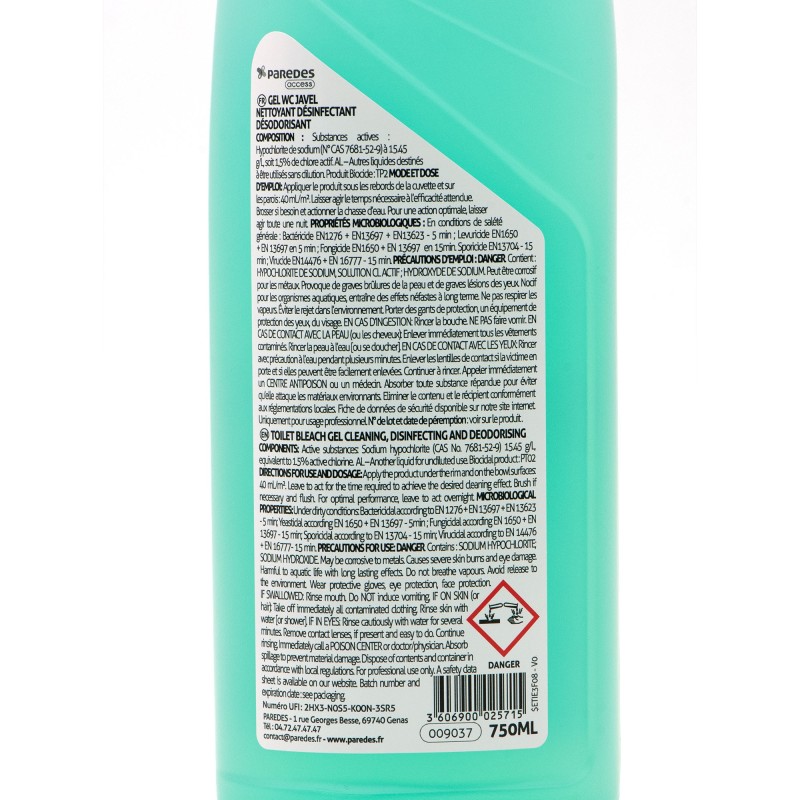 Gel WC Javel professionnel - Nettoyant, désinfectant et désodorisant - Hygiène sanitaire cabinet médical - Etiquette composants