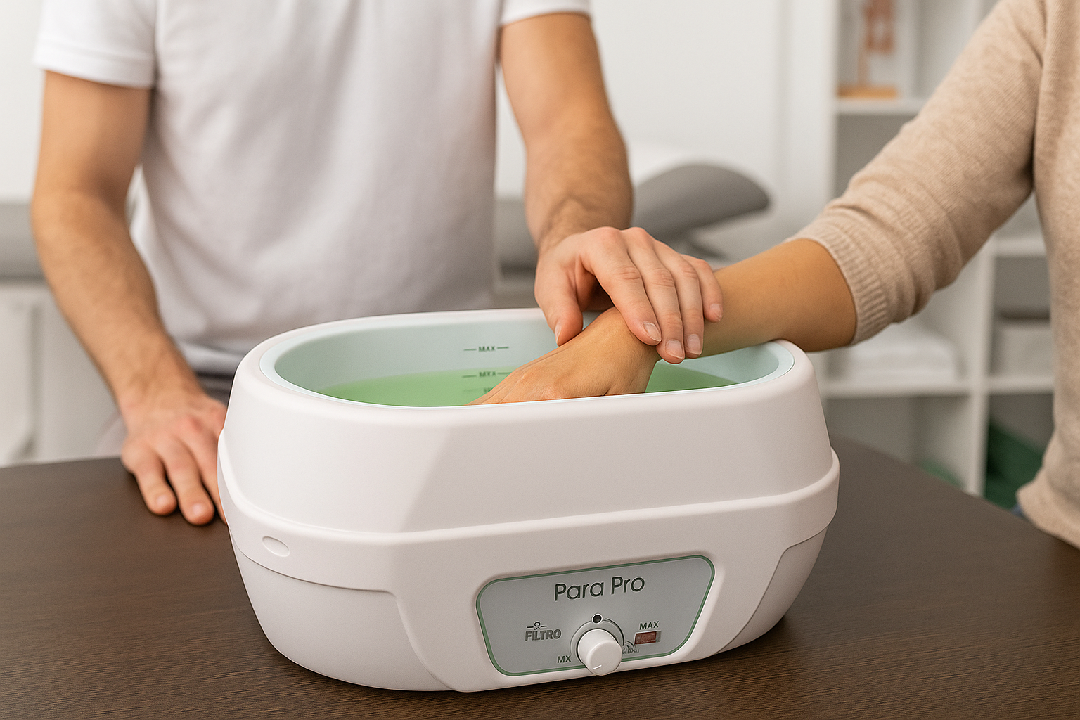 Patient réalisant un bain de paraffine pour la rééducation des mains