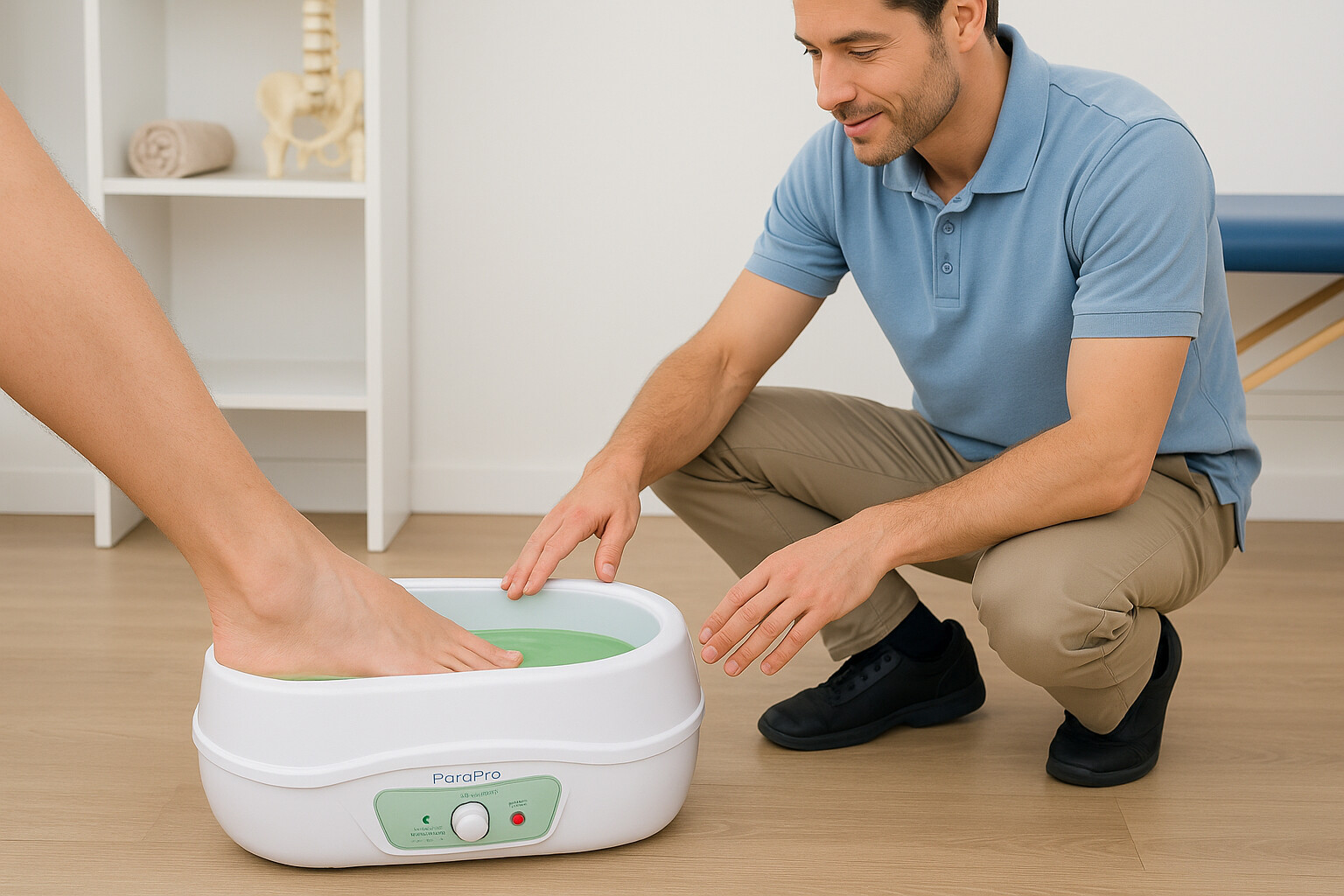 Traitement des pieds par bain de paraffine en séance de rééducation