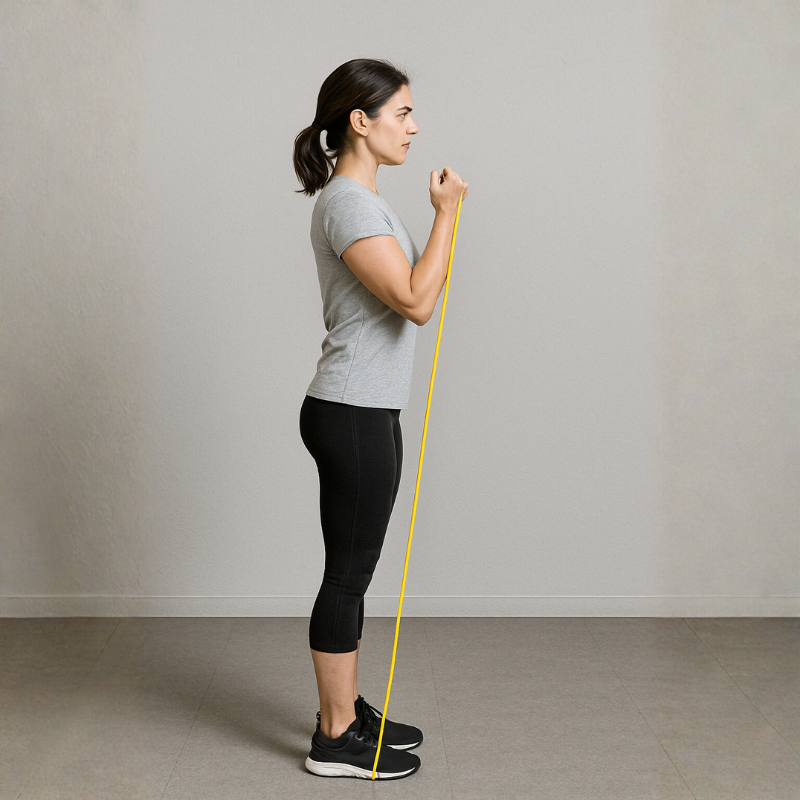 Exercice de rééducation avec bande élastique à réaliser avec un kinésithérapeute au cabinet