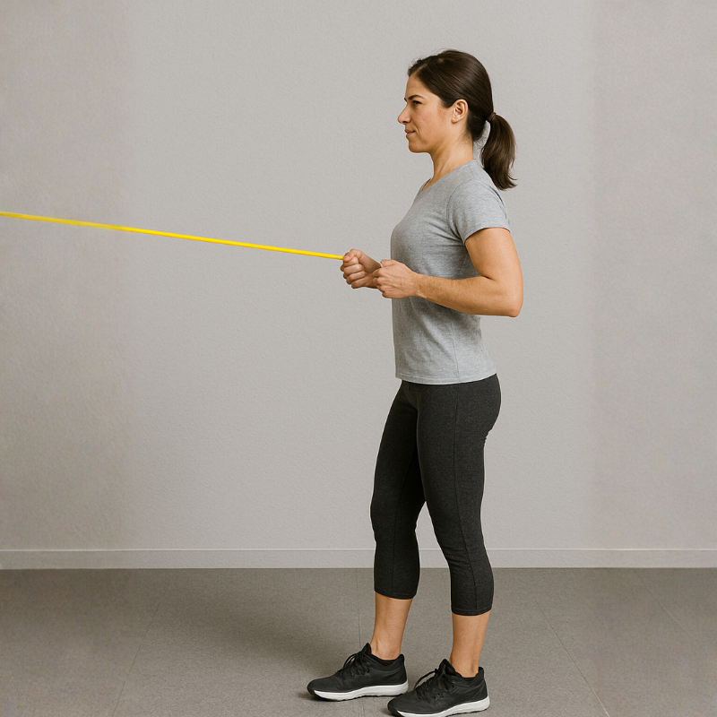 Exercice de rééducation avec bande élastique à réaliser avec un kinésithérapeute au cabinet