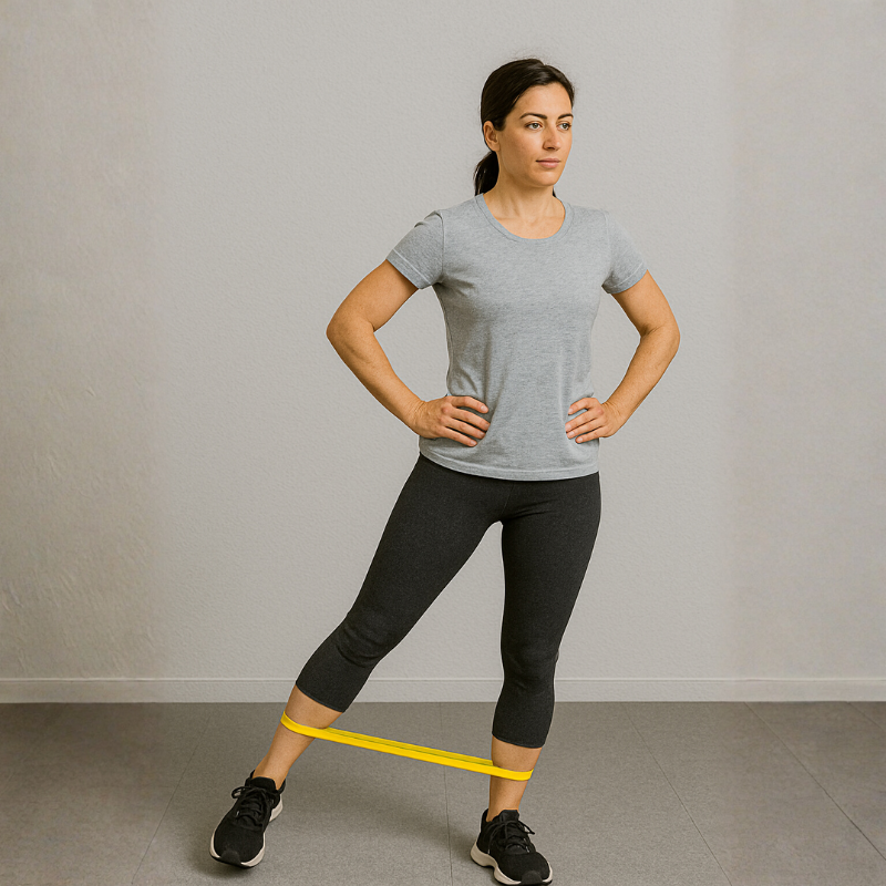 Exercice de rééducation avec bande élastique à réaliser avec un kinésithérapeute au cabinet