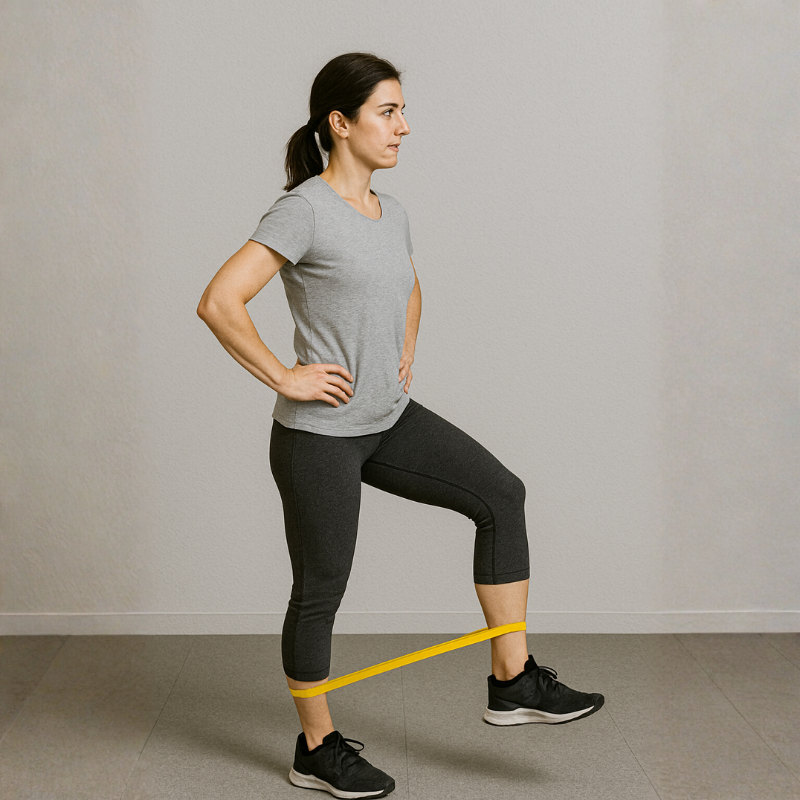 Exercice de rééducation avec bande élastique à réaliser avec un kinésithérapeute au cabinet