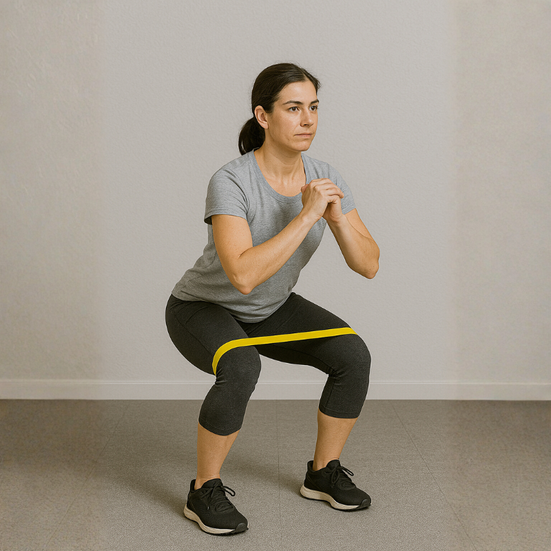 Exercice de rééducation avec bande élastique à réaliser avec un kinésithérapeute au cabinet