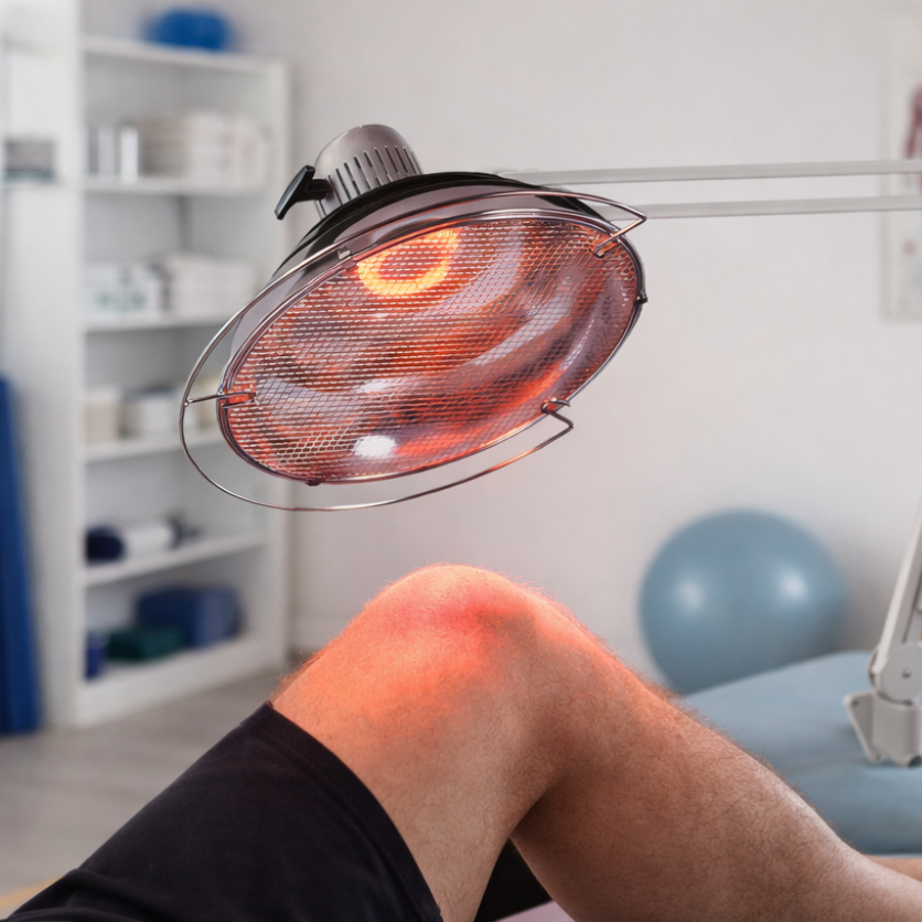 Lampe infrarouge utilisée par un kiné pour chaleur ciblée
