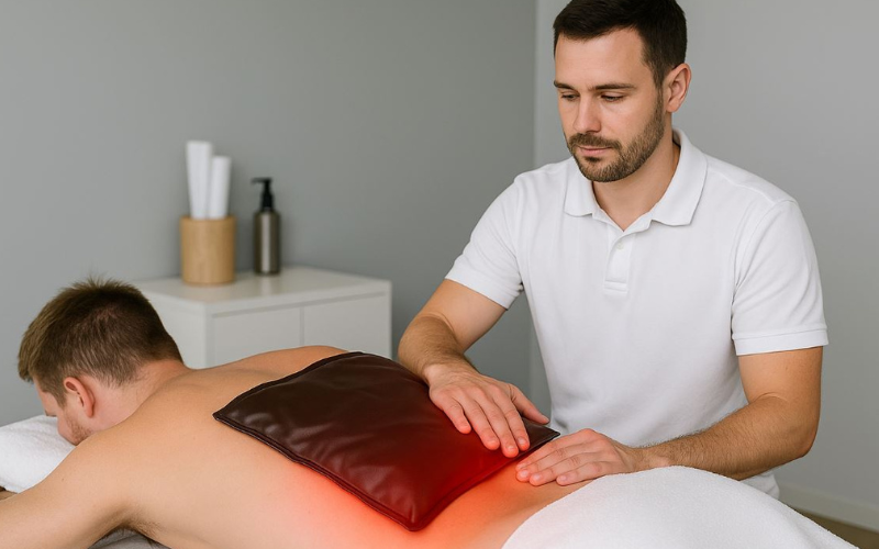 Compresse chaude utilisée en kinésithérapie pour raideur musculaire