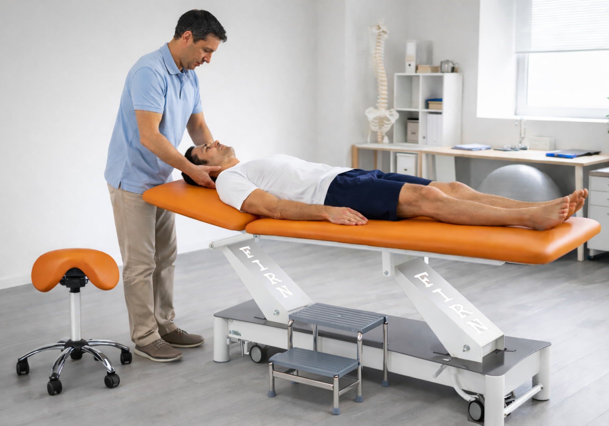 Table de massage électrique réglable en hauteur pour kinésithérapie, favorisant une posture correcte du dos