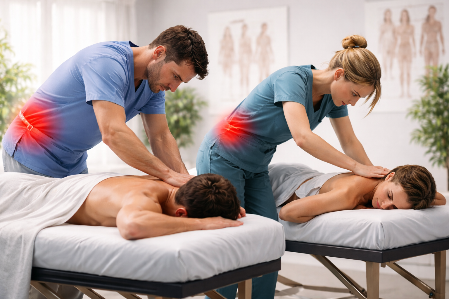 Kiné avec mal de dos en travaillant sur un patient, soulignant l’importance d’une table ergonomique