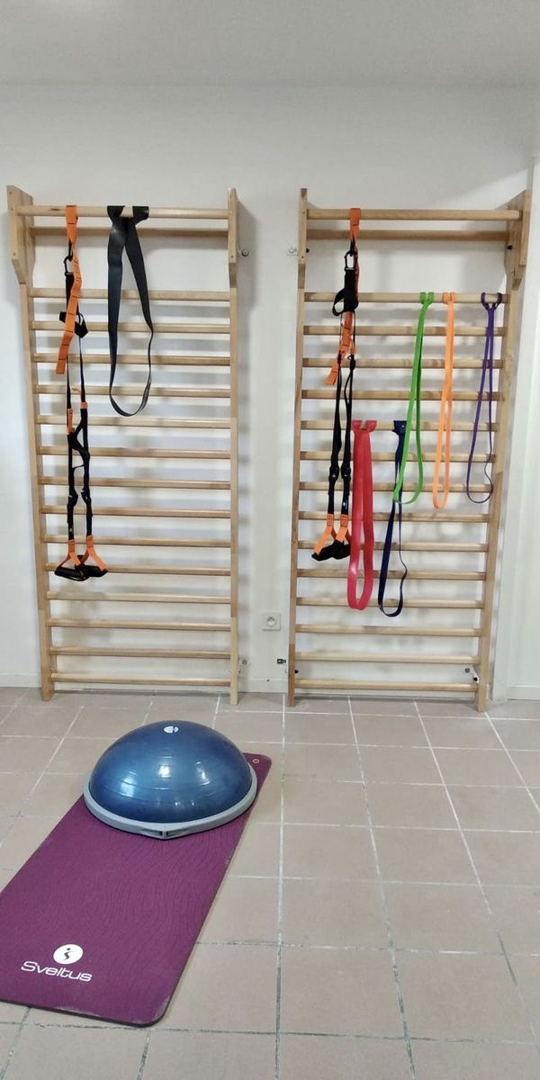 Espaliers équipés de sangles de suspension et de bandes élastiques, avec un BOSU posé sur un tapis au sol dans un espace de kinésithérapie
