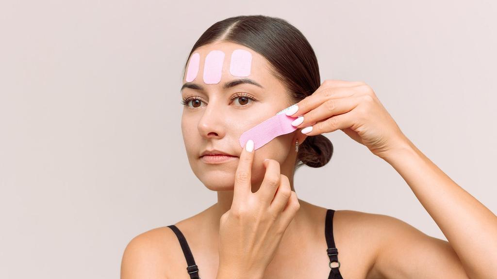 une jeune femme avecd es bandes de kinesio light touch sur le visage en application face taping