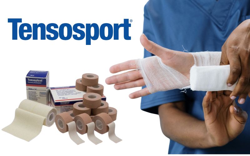  bandes strapping et bandage de la gamme tensosport une personne à la main bandée