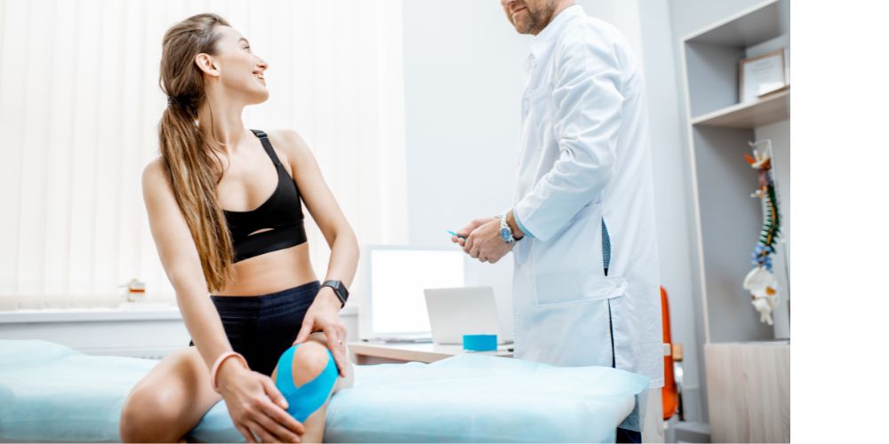 patiente avec du kinesio taping qui parle avec son kinésithérapeute