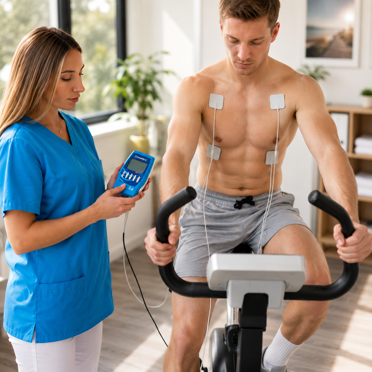 Kinésithérapeute réalisant une séance d’électrothérapie EMS avec électrodes sur un patient fesant du vélo en cabinet de kinésithérapie.