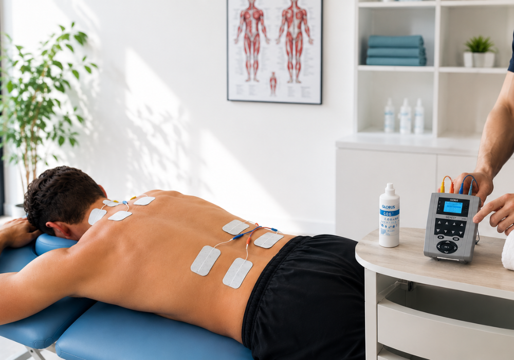 Kinésithérapeute réalisant une séance d’électrothérapie TENS/EMS sur le dos d’un patient avec électrodes en cabinet de kinésithérapie
