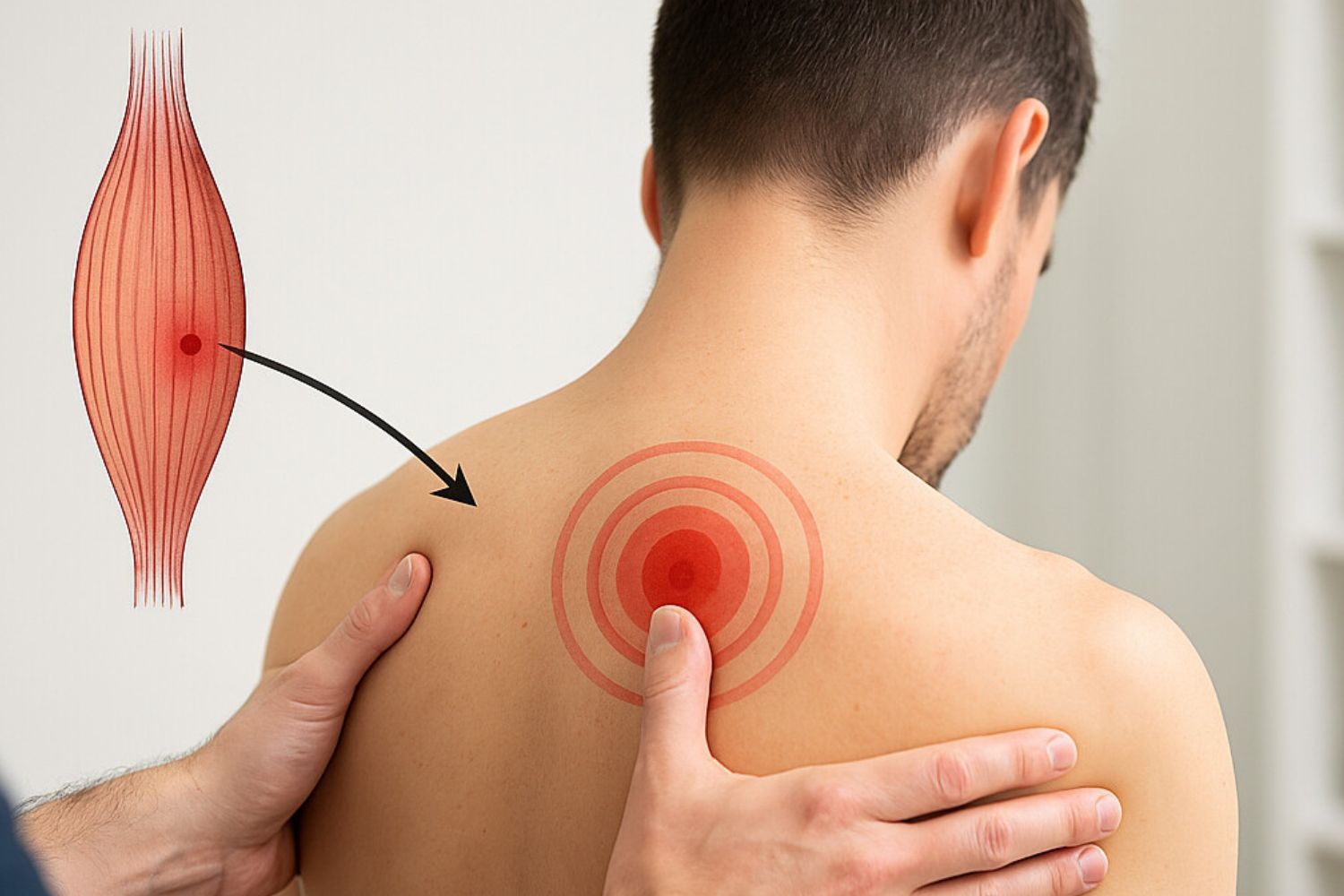 Kinésithérapeute traitant un trigger point actif sur le haut du dos – douleur musculaire et point gâchette illustré