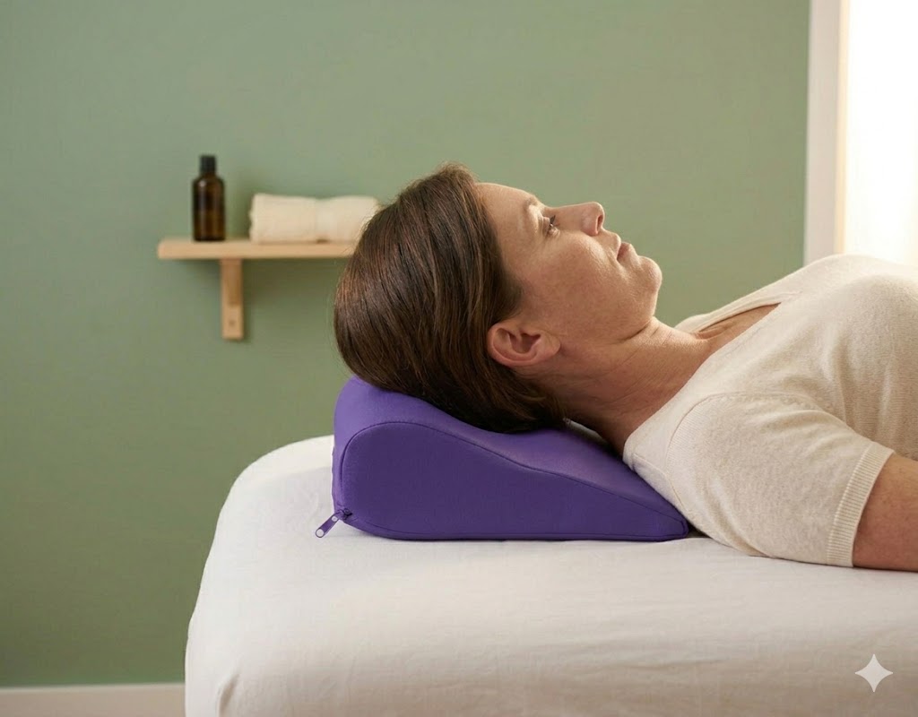 coussin cale sous la tête d'une patiente en séance de kinésithérapie