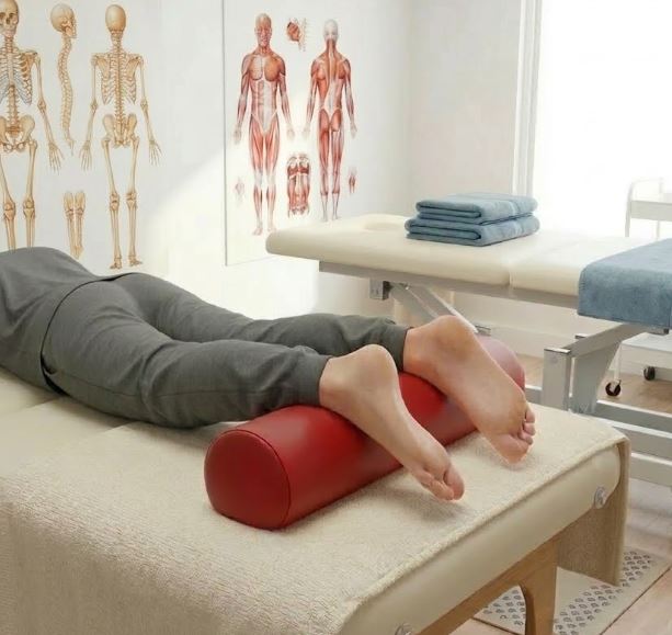 coussin cylindrique placé sous les chevilles d'un patient en kinésithérapie