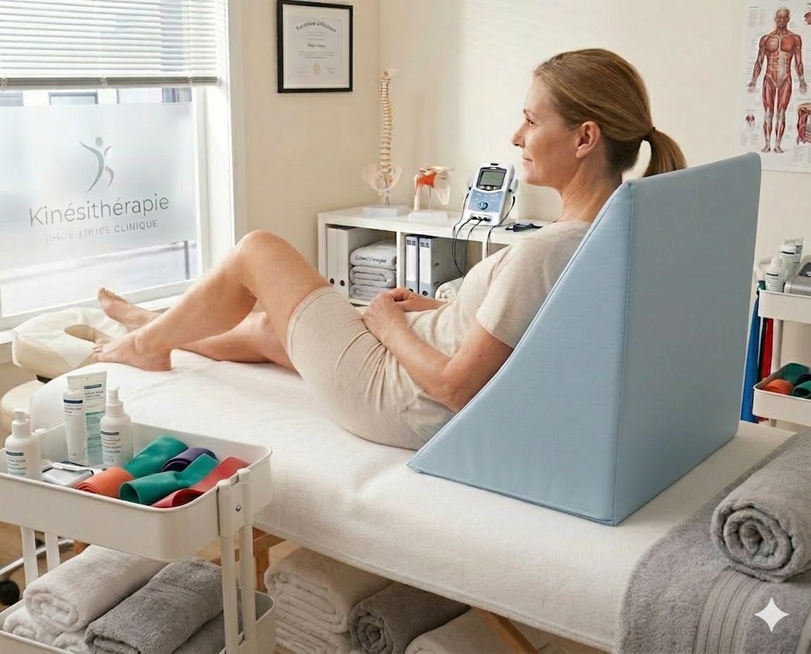 coussin de table dans le dos d’une patiente assise sur une table de massage en kinésithérapie