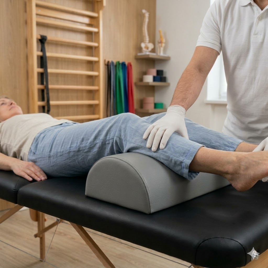 coussin de cyphose sous les jambes d'une patiente en seéance de kinésithérapie