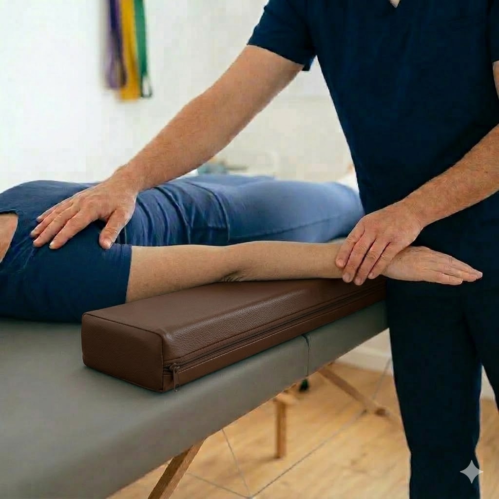 coussin rectangulaire placé sous le bras d’un patient sur table de massage en kinésithérapie