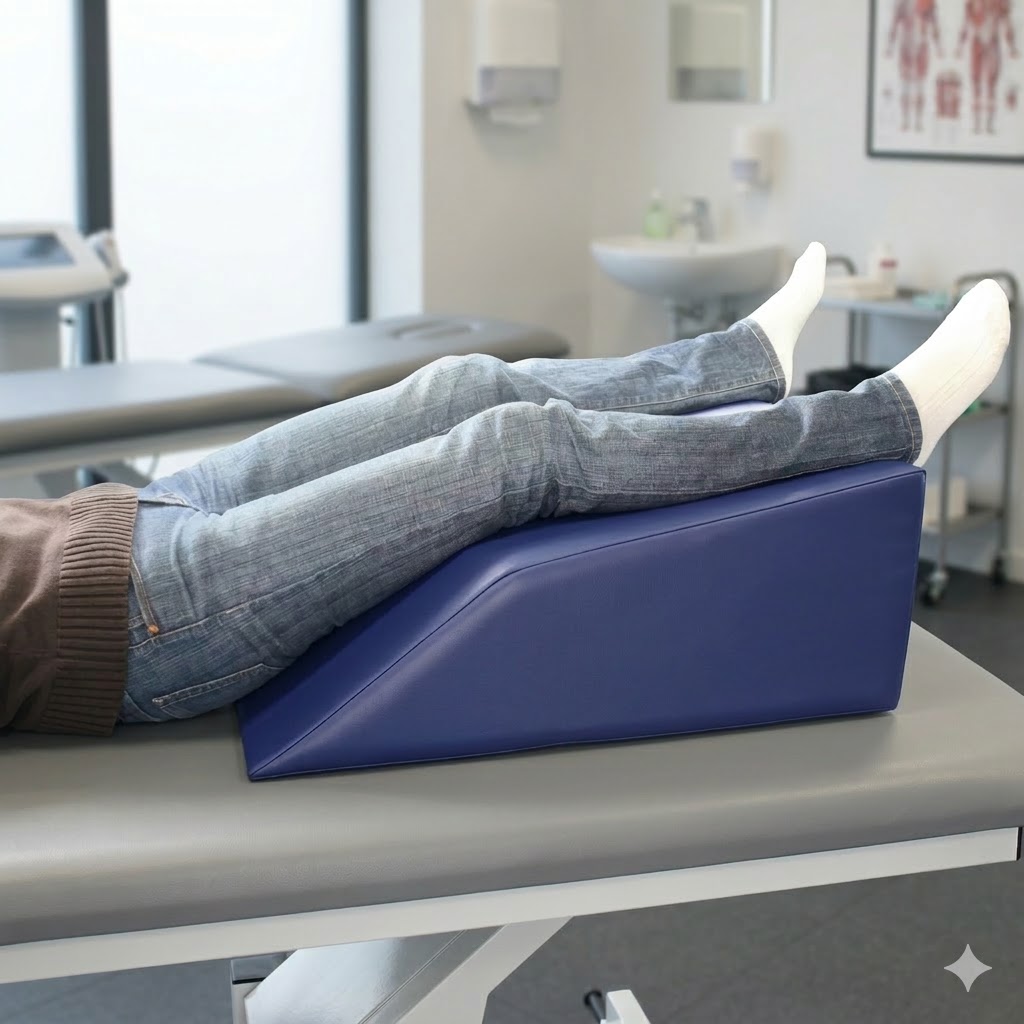patient les jambe relevé sur un coussin de drainage lymphatique