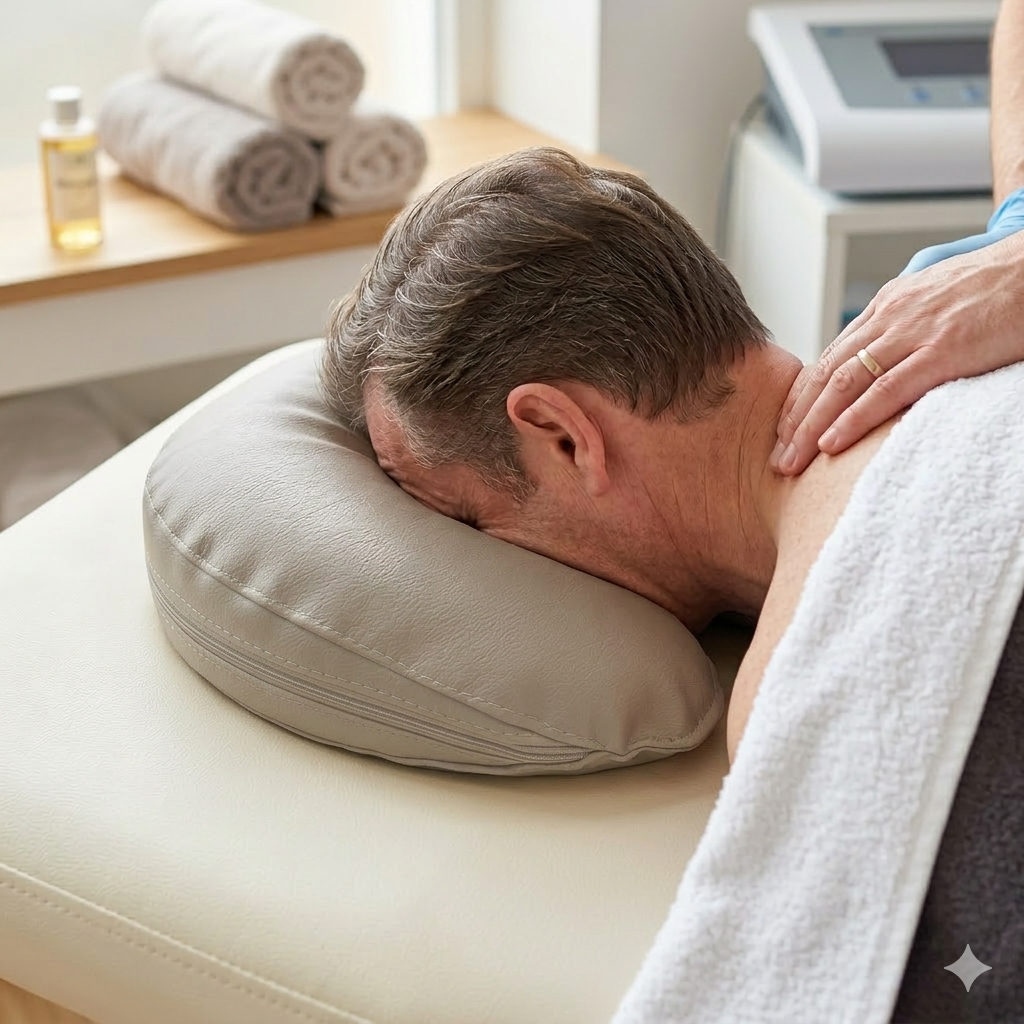 coussin de visage placé sous le visage d’un patient sur table de massage en kinésithérapie