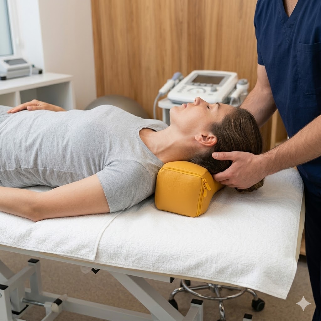 coussin de nuque pour kinésithérapie placé sous la tête d’un patient