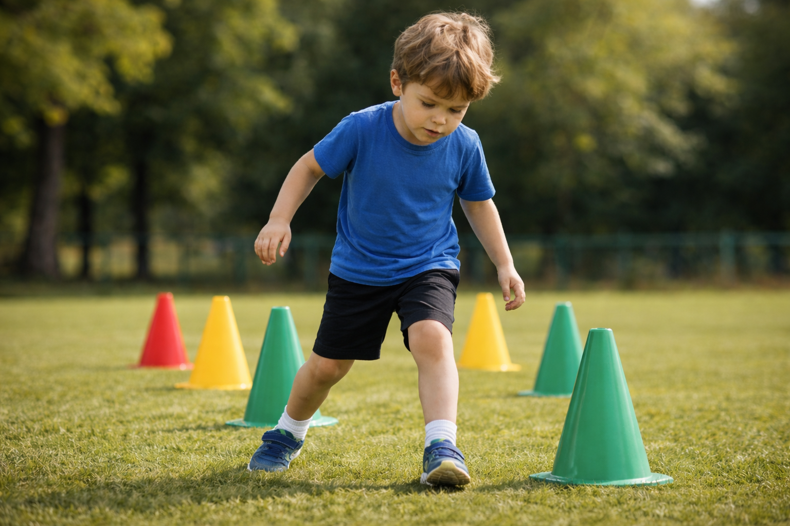 enfant réalisant un slalom entre cônes parcours de motricité enfant