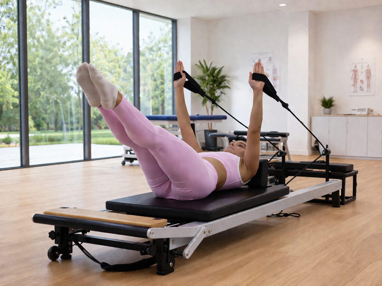 Exercice de gainage sur Reformer Pilates – travail du contrôle moteur et des muscles profonds