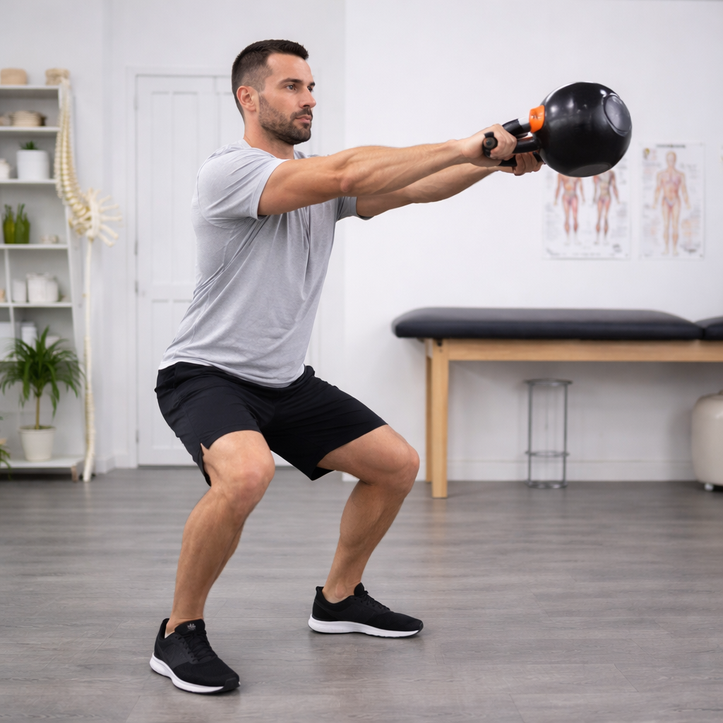 Kettlebell swing avec kettlebell à charge variable utilisé en cabinet de kinésithérapie pour le renforcement de la chaîne postérieure