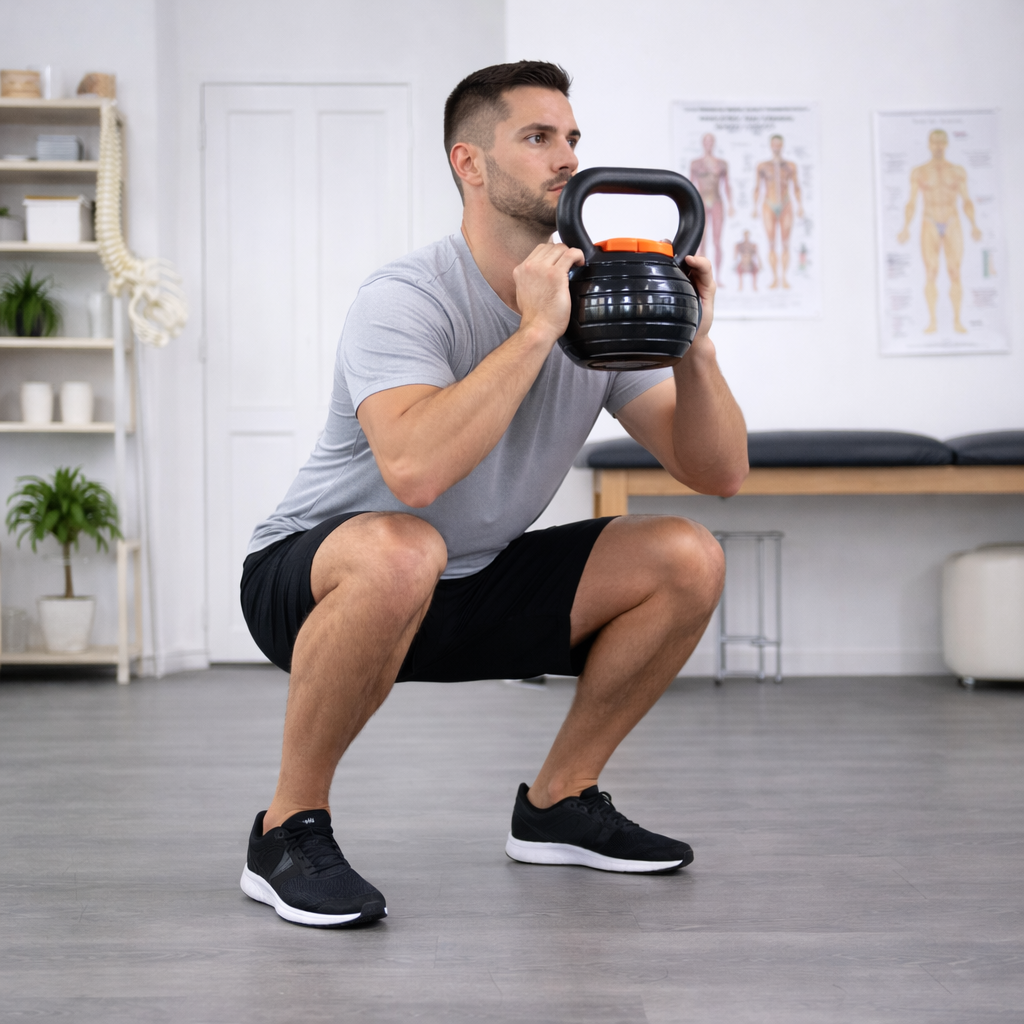 Goblet squat avec kettlebell ajustable pour le renforcement des quadriceps et des fessiers en rééducation