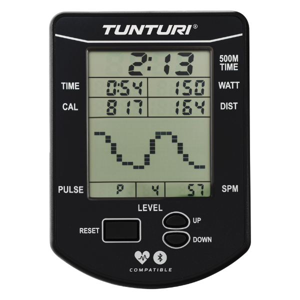 console Bluetooth rameur Tunturi R90W affichage données entraînement temps distance fréquence cardiaque